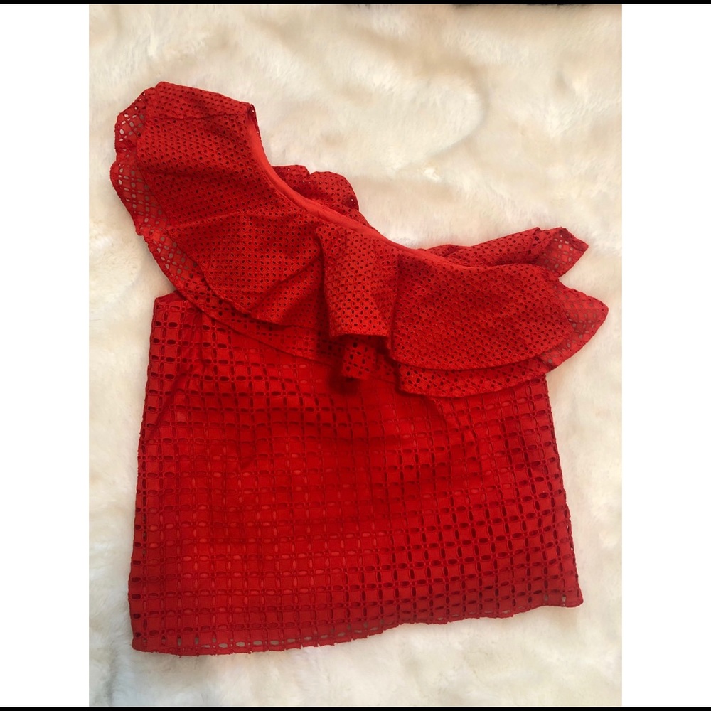 Jcrew One Shoulder Ruffle Top in Eyelet Red Size 0